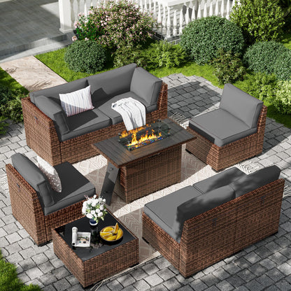 Amopatio 8-Piece Outdoor Patio Furniture Set with 44" Fire Pit Table, Modern Rattan Sectional Couch with Tempered Glass Coffee Table, Thickened Cushions and Include Waterproof Cover (Dark Grey)