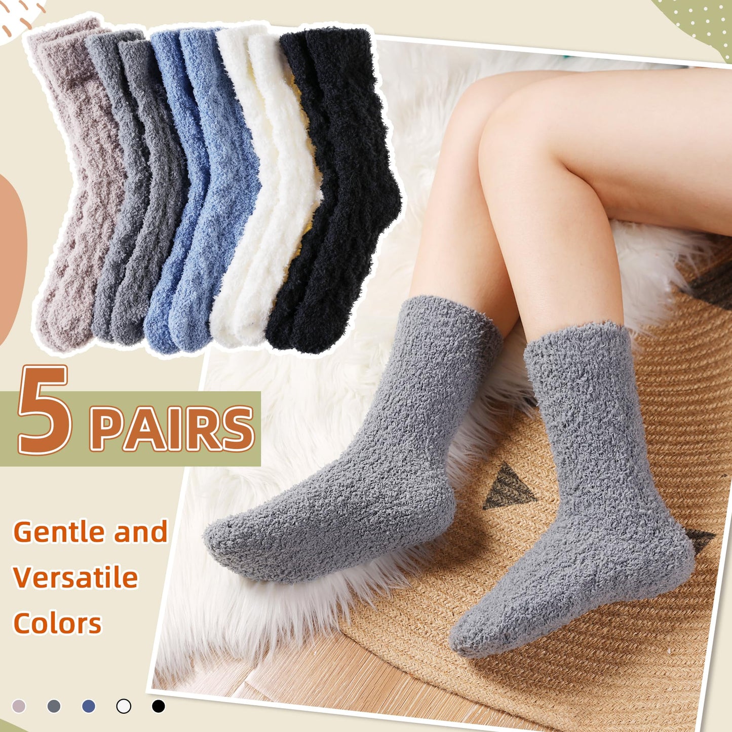 Velice Womens Fuzzy Socks Soft Cozy Fluffy Slipper Socks Winter Warm Plush Sleeping Christmas Socks 5 Pairs(Black/Grey/Blue)