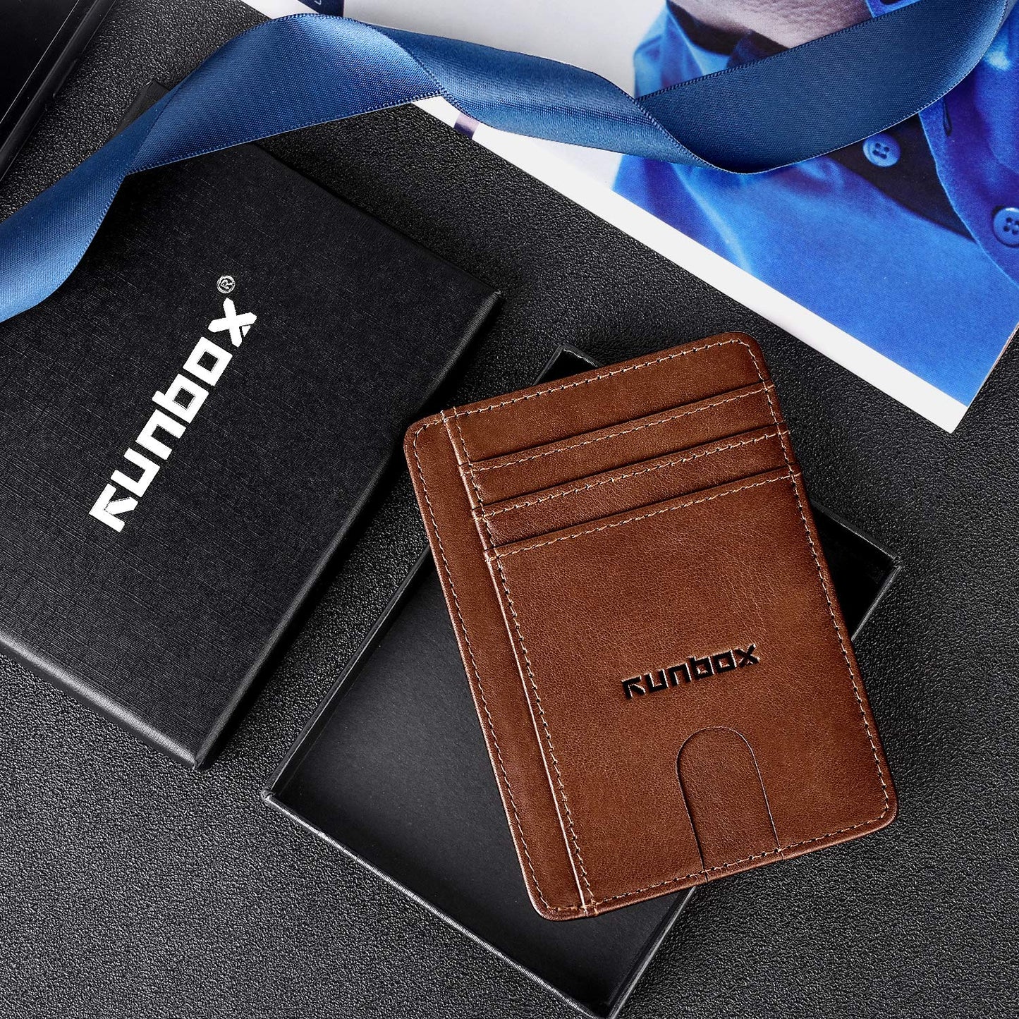 RUNBOX Slim ID Cases Minimalist Front Pocket RFID Blocking Leather Wallets for Men and Women Card Holder Wallets Gifts for men
