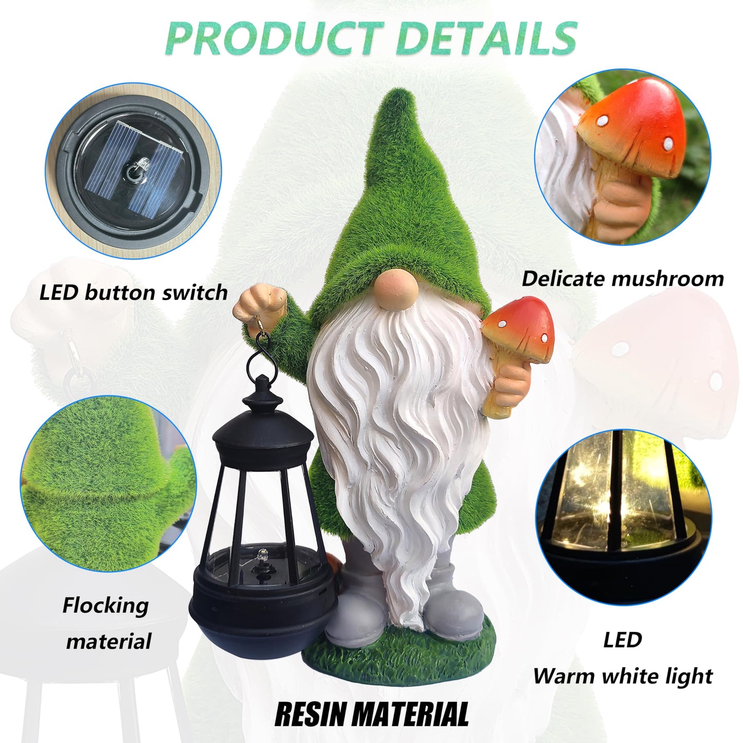 Qobumy Gnomes Solar Garden Statues,Resin Gnome Figurine Decorations Holding Mushroom and Solar Lights Lantern, Outdoor Figurines Lawn Garden Statue Decor Art for Lawn,Yard, Balcony Ornament.