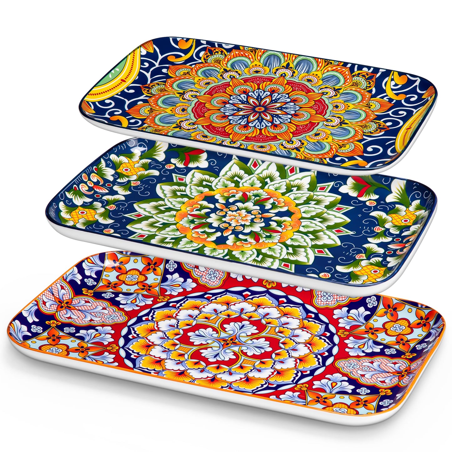 vancasso Serving Platters Set of 3, 16"/14"/12" Inch Rectangular Trays - Serving Platter Extra Large, Bohemian Ceramic Serving Dish for Entertaining Food, Microwave & Dishwasher Safe, Colorful