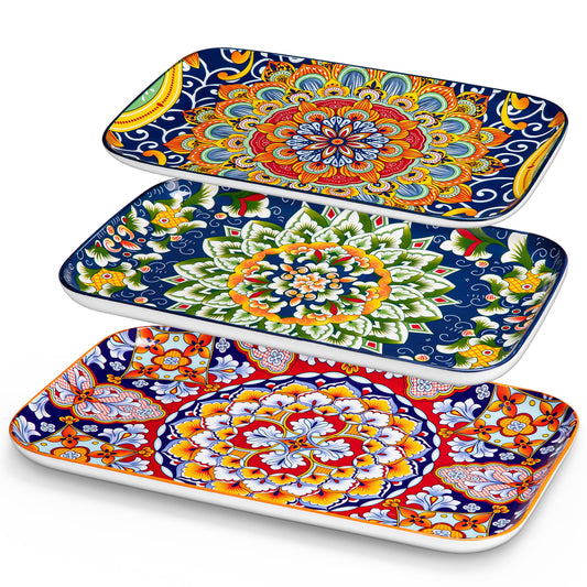 vancasso Serving Platters Set of 3, 16"/14"/12" Inch Rectangular Trays - Serving Platter Extra Large, Bohemian Ceramic Serving Dish for Entertaining Food, Microwave & Dishwasher Safe, Colorful