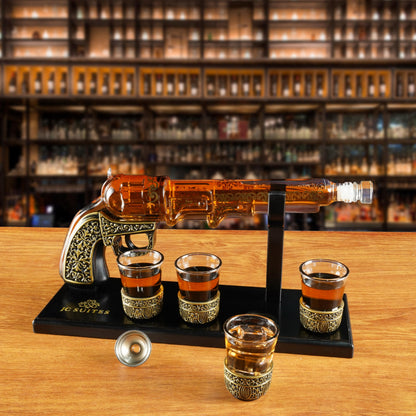 Luxury Gun Decanter with 4 Shot Glasses, Gift Box, & Funnel - Unique Whiskey Decanter Sets for Men & Women - Liquor Glass Gun Alcohol Bottle - Wine Tequila Decanter Set Gifts For Dad Gifts For Men