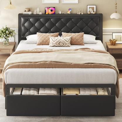 Fluest Queen Bed Frame with 2 Storage Drawers, Upholstered Headboard Button Tufted Bed Frame with Charging Station, No Box Spring Needed, Noise-Free, All Metal Structure, Black