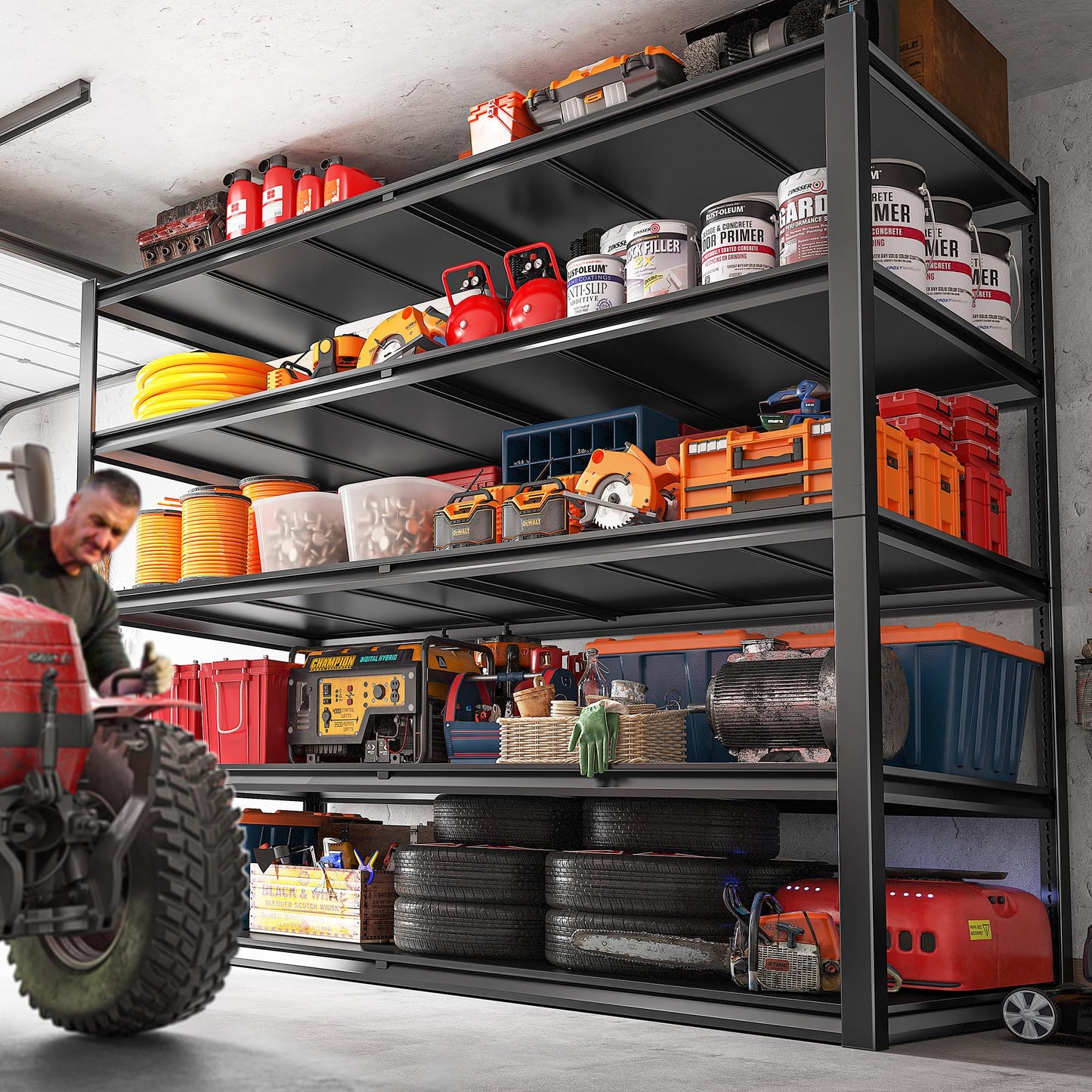 REIBII 78" H Garage Shelving, Storage Shelves Heavy Duty Load 3000LBS, Adjustable Heavy Duty Shelving, 5 Tier Metal Shelving Unit for Storage Rack, Basement, 55" W x 26" D x 78" H, Black