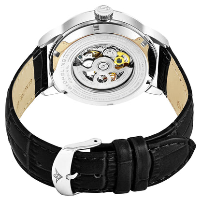 Stuhrling Original Mens Watch-Automatic Skeleton Dial - Black Leather Watch Strap Mechanical Watch Silver Executive (Black)