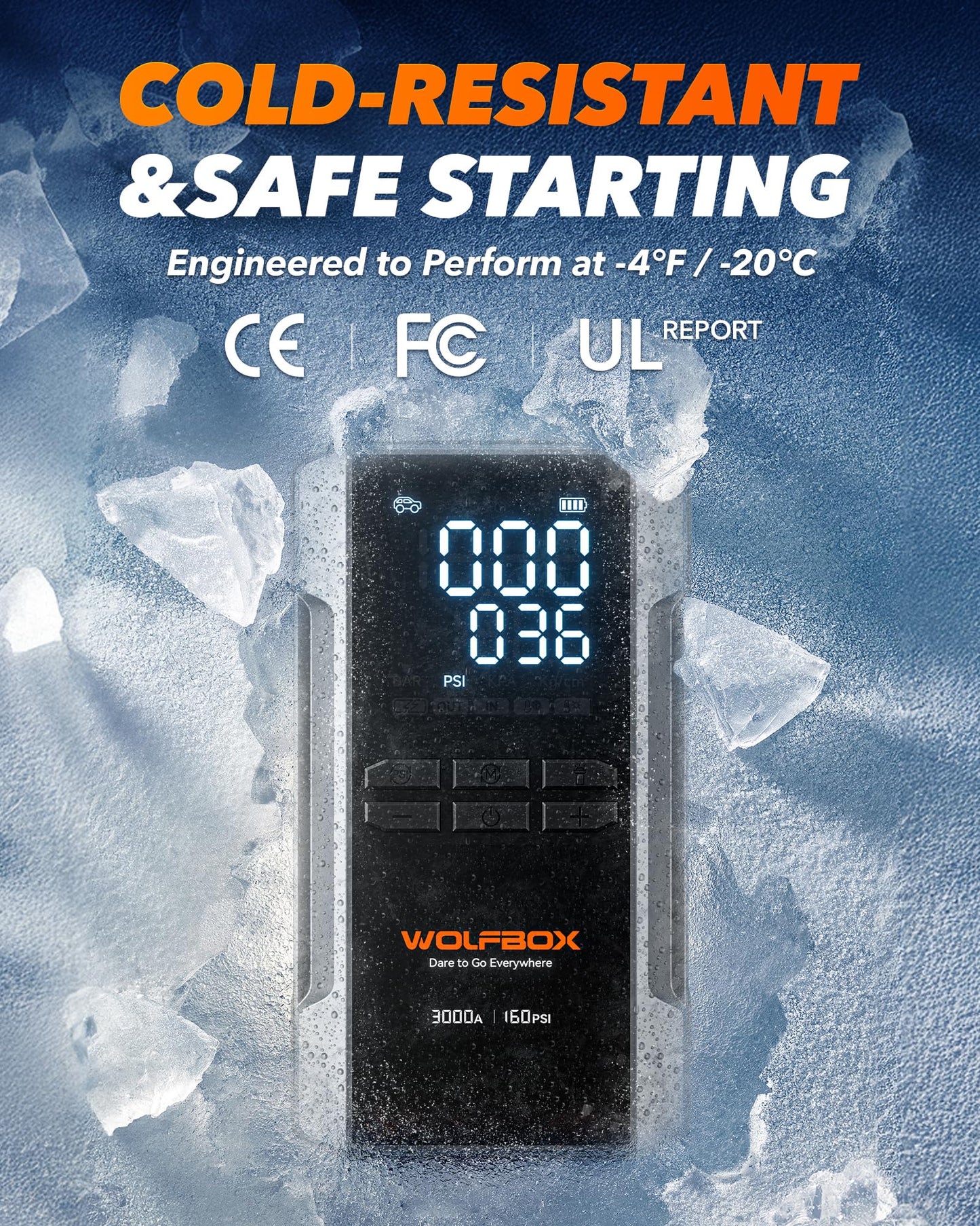 WOLFBOX 3000A Jump Starter with Air Compressor, 16000mAh&160PSI Portable Car Battery Jump Starter with 65W Fast Charge, 12V Battery Pack (8L Gas 6L Diesel Engine) with Boost, Light and Jumper Cables