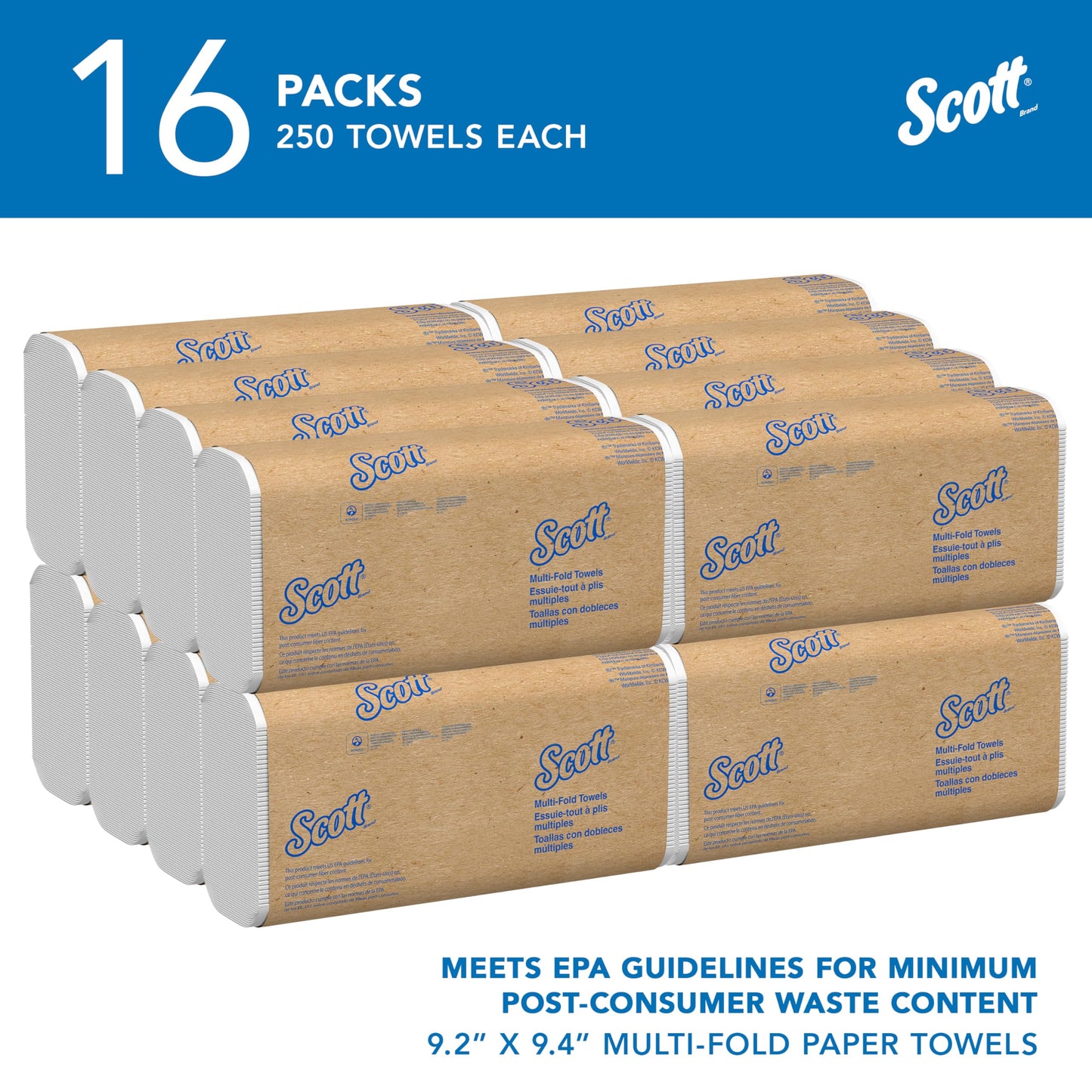 Scott Professional Multifold Paper Towels, Bulk (01804), with Absorbency Pockets, 9.2" x 9.4" sheets, White (250 Sheets/Pack, 16 Packs/Case, 4,000 Sheets/Case)