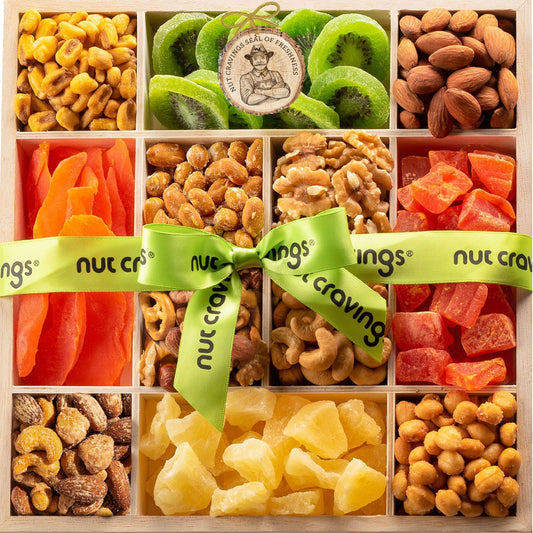 NUT CRAVINGS - Holiday Christmas Dried Fruit & Mixed Nuts Gift Basket in Reusable Wooden Tray + Ribbon (12 Assortments) Xmas Treats for Adults, Food Arrangement, Healthy Snack Care Package, Kosher