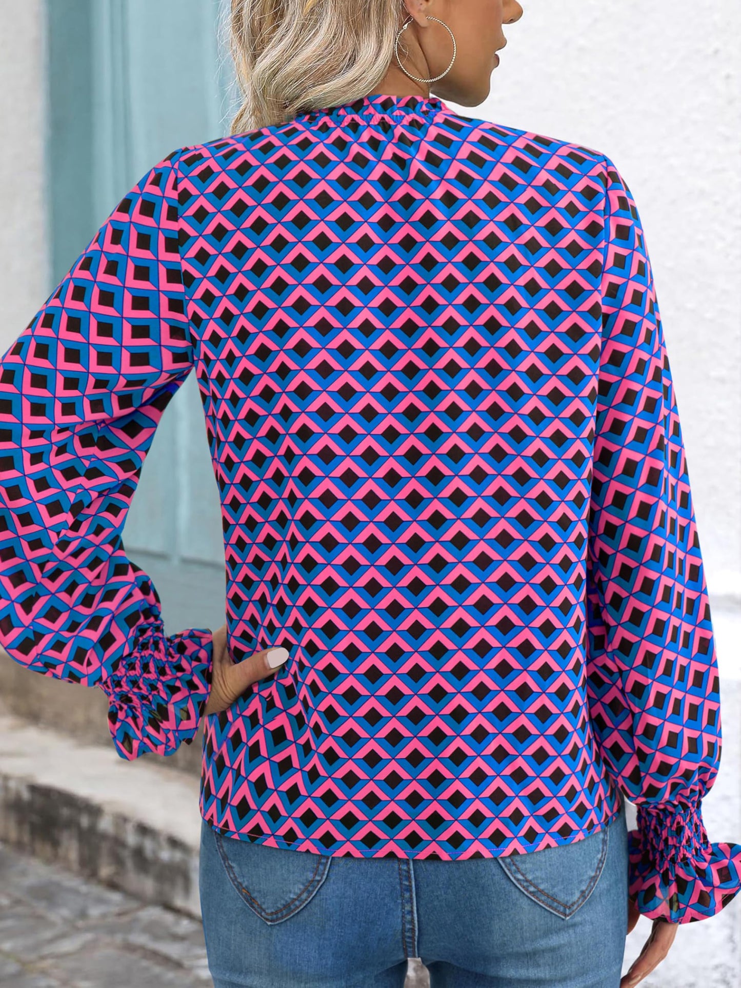 MASCOMODA Womens V Neck Floral Long Sleeve Tops 2024 Summer Casual Loose Puff Sleeve Chiffon Boho Work Blouse Dressy T Shirts(Plaid Blue Pink,X-Large)