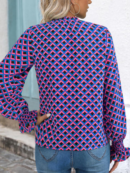 MASCOMODA Womens V Neck Floral Long Sleeve Tops 2024 Summer Casual Loose Puff Sleeve Chiffon Boho Work Blouse Dressy T Shirts(Plaid Blue Pink,X-Large)