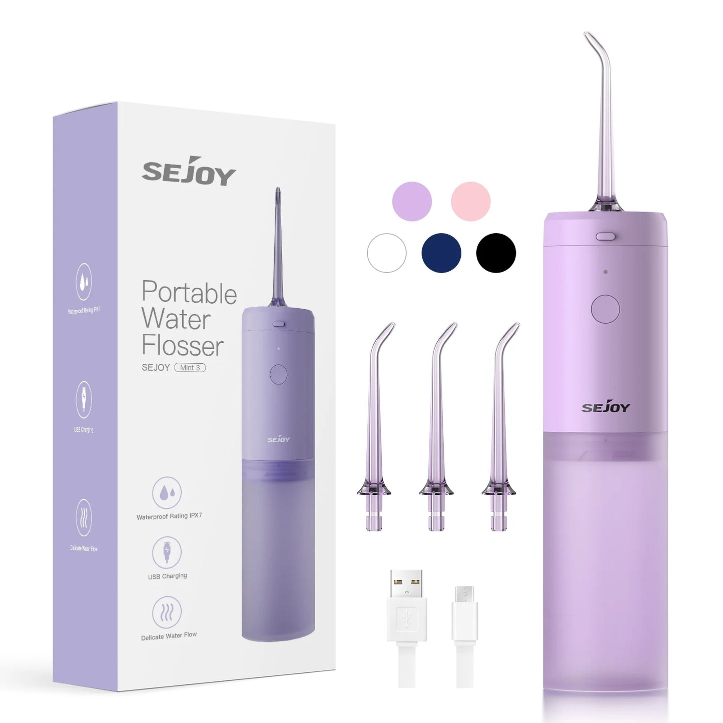 Sejoy Portable Water Flosser, Cordless Teeth Cleaner, 1900 Times/Min Pulse Rate Rechargeable Teeth Cleaner, 3 Modes with 140ml Tank, Purple