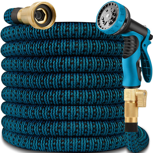 Expandable Garden Hose 25 ft - 2025 New Flexible Water Hose with 10 Pattern Spray Nozzle, 3/4 Solid Brass Connectors, Lightweight Expanding Hoses(Blue Black)