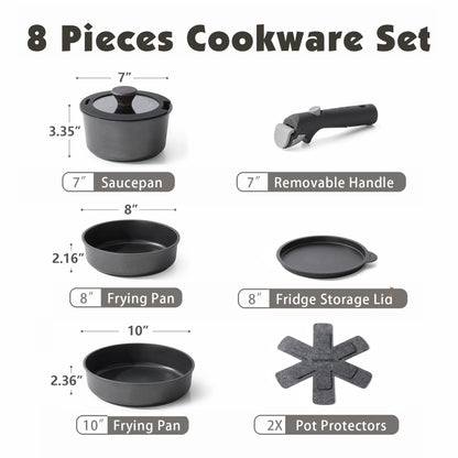 SENSARTE Nonstick Pots and Pans Set with Detachable Handle, 8pcs Cookware Sets with Removable Handle (Black)