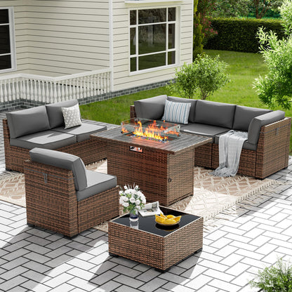 Amopatio 8-Piece Outdoor Patio Furniture Set with 44" Fire Pit Table, Modern Rattan Sectional Couch with Tempered Glass Coffee Table, Thickened Cushions and Include Waterproof Cover (Dark Grey)