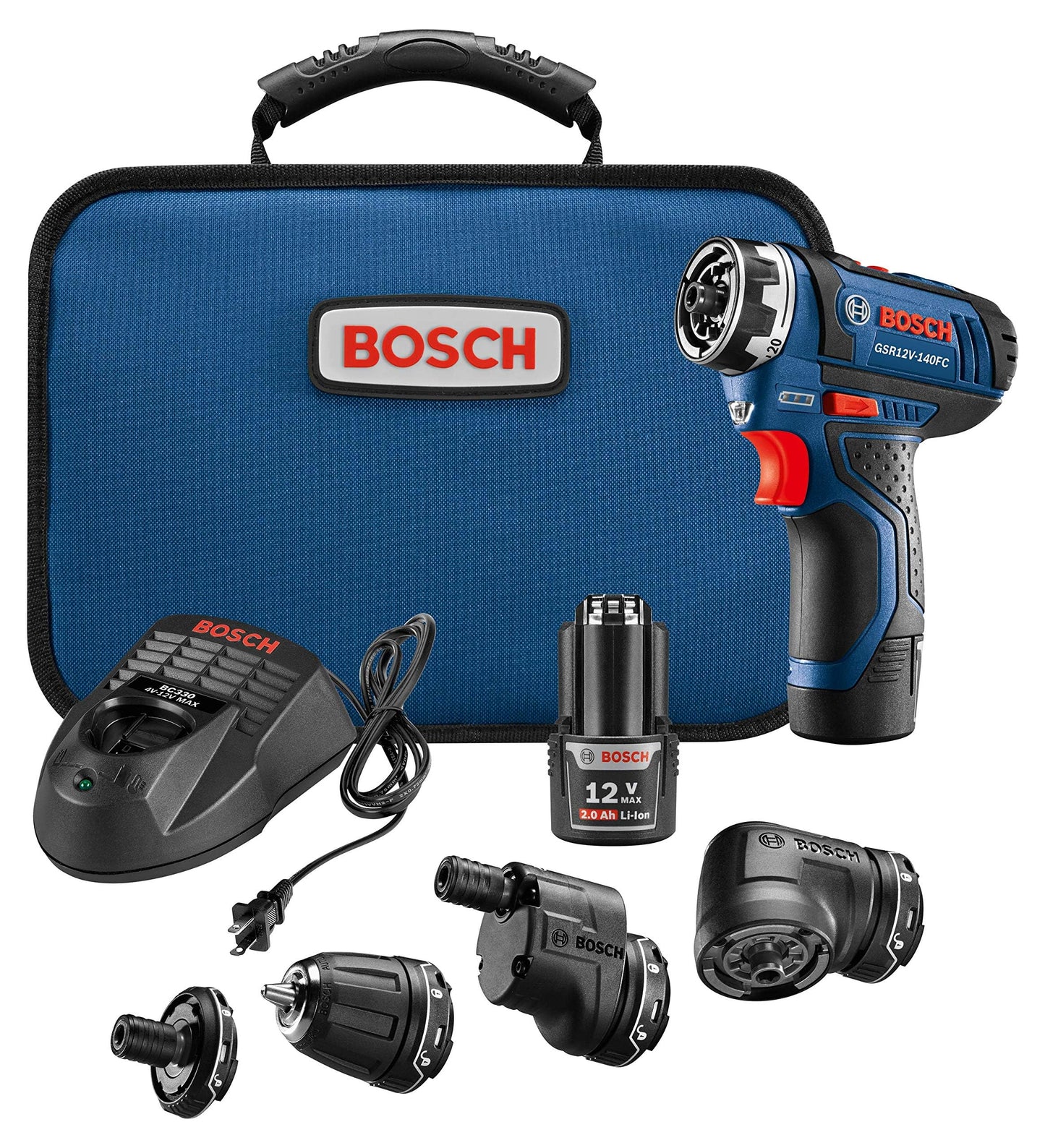 BOSCH 12V Max Cordless Power Drill Driver Kit with 5-In-1 Flexiclick System Multi-Head Drill Set with (2) 2 Ah Batteries (GSR12V-140FCB22)
