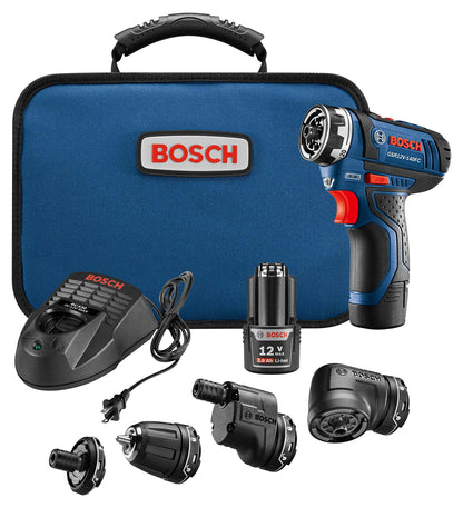 BOSCH 12V Max Cordless Power Drill Driver Kit with 5-In-1 Flexiclick System Multi-Head Drill Set with (2) 2 Ah Batteries (GSR12V-140FCB22)