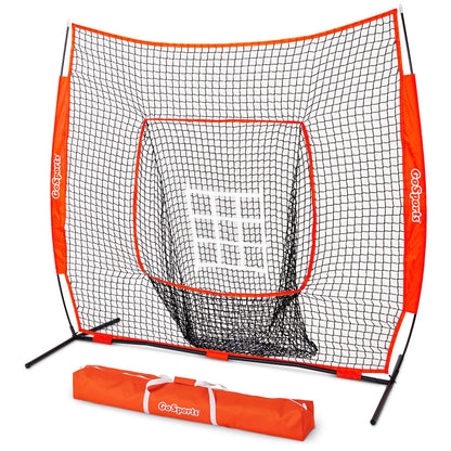GoSports 7 ft x 7 ft Baseball & Softball Practice Hitting & Pitching Net with Bow Type Frame, Carry Bag and Strike Zone, Great for All Skill Levels