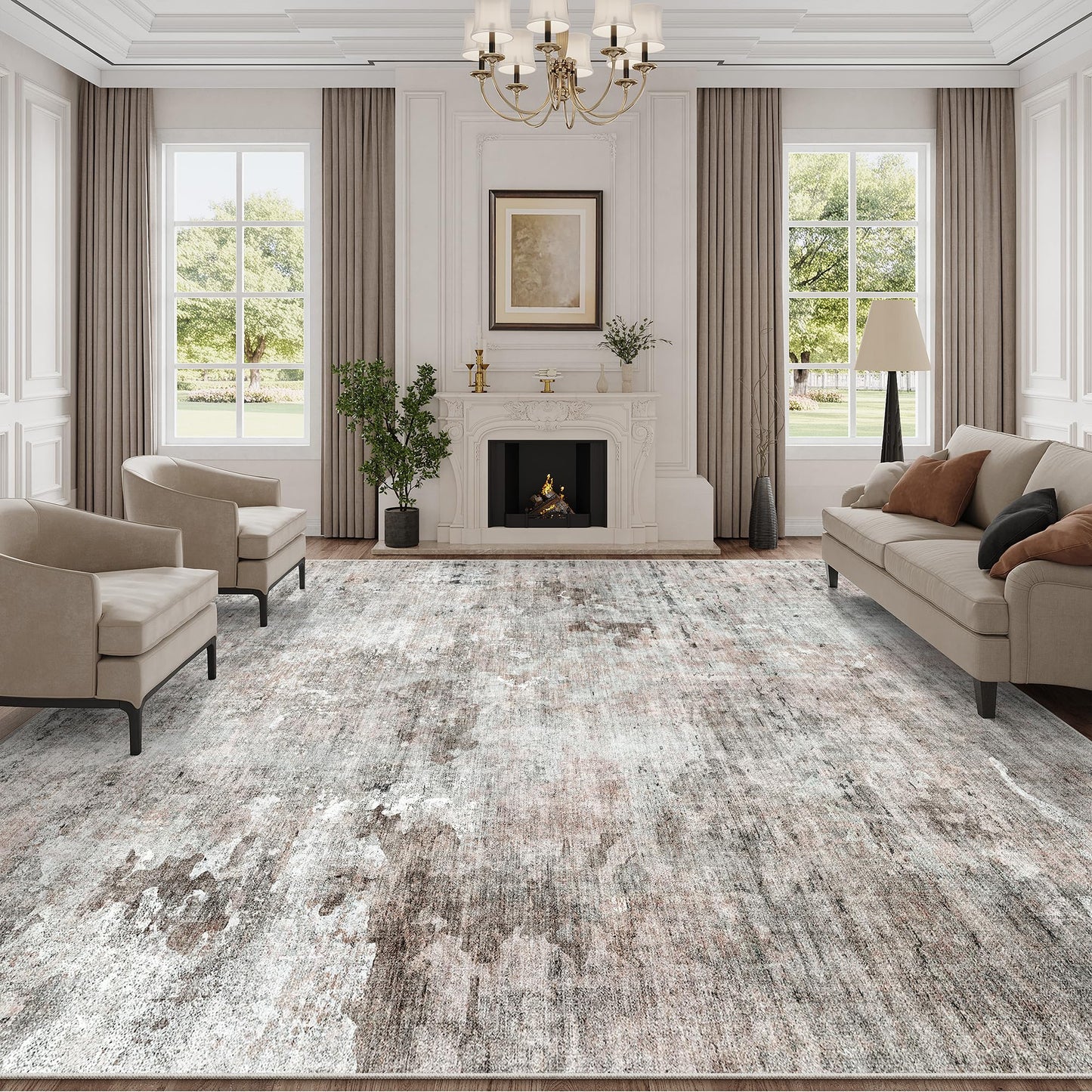Soalmost Abstract Rug 8x10 Large Living Room Rugs Neutral Modern Washable Area Rugs for Bedroom Dining Room Non-Slip Stain Resistant Foldable Thin Rug Grey Pink