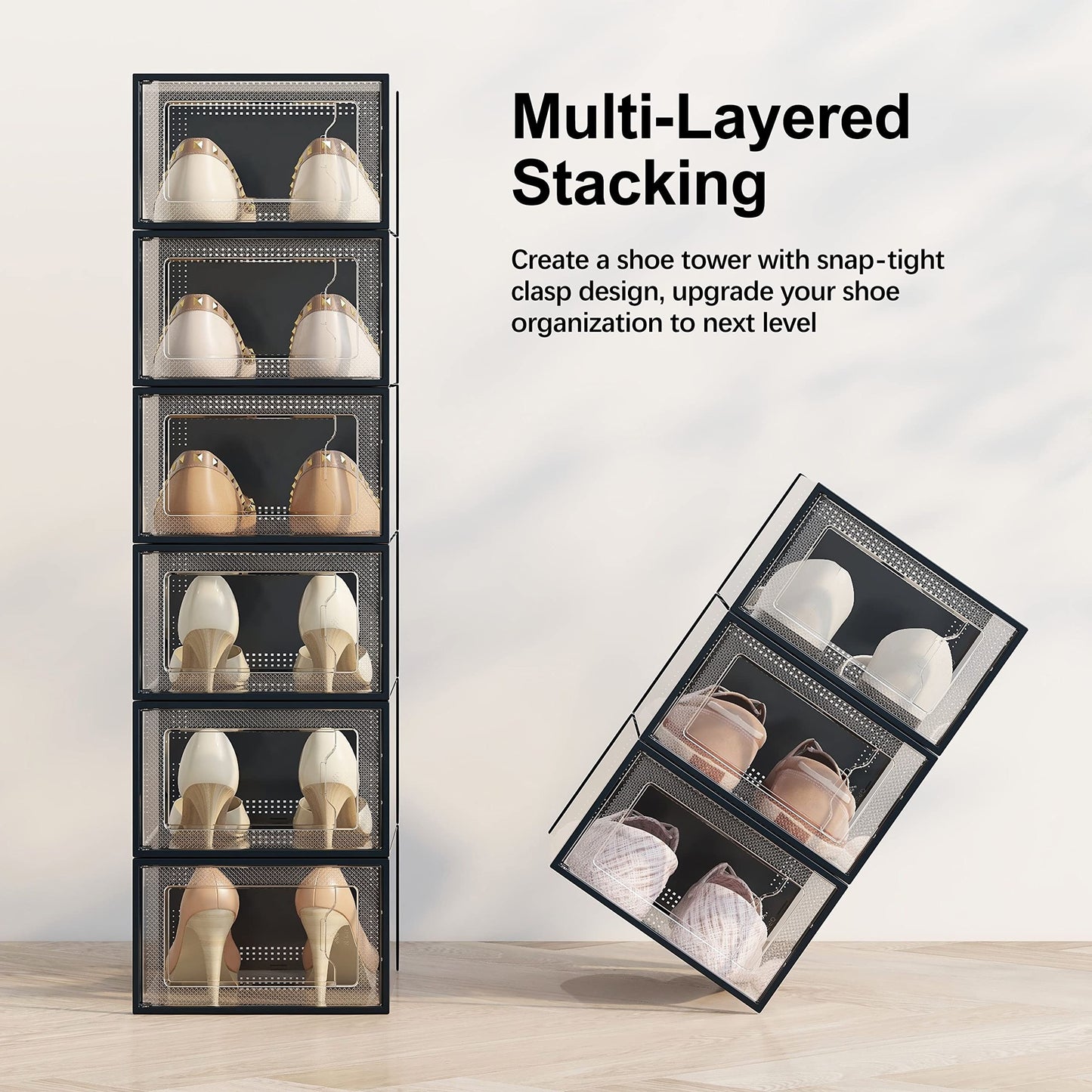 SEE SPRING 12 Pack Shoe Storage Box, Clear Plastic Stackable Shoe Organizer for Closet, Space Saving Shoe Rack for Entryway Sneaker Container Bin Holder (Black)