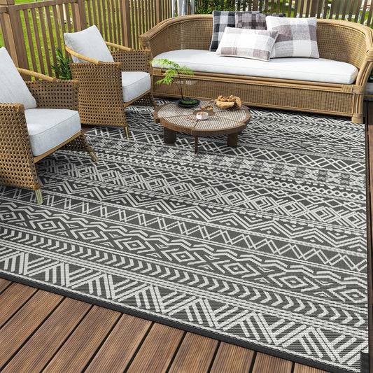 MontVoo-Outdoor Rug Carpet Waterproof 6x9 ft Reversible Patio Rug RV Camping Rug-Plastic Straw Rug Outside Indoor Outdoor Area Rug for Patio Deck Balcony Picnic Beach Outdoor Decor Boho Grey