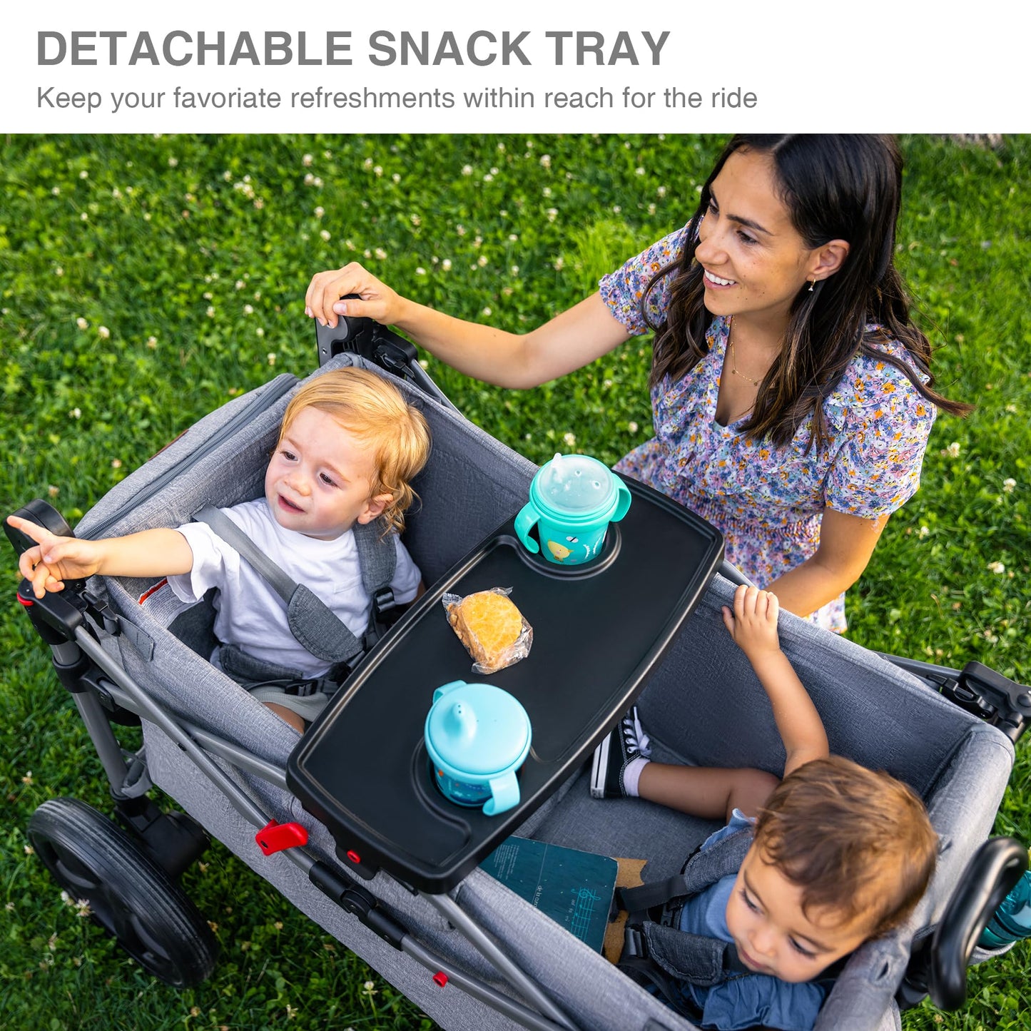 EVER ADVANCED Foldable Wagons for Two Kids & Cargo, Collapsible Folding Stroller with Adjustable Handle Bar,Removable Canopy with 5-Point Harness Gray