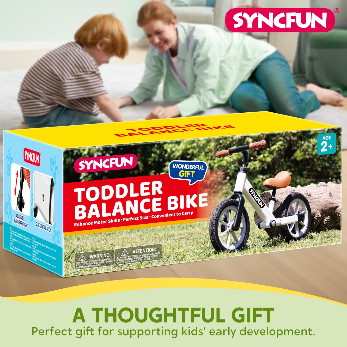 SYNCFUN Toddler Balance Bike, 12'' Toddler Bike for 2, 3, 4, 5 Year Old Boys and Girls, No Pedal Kids Bike, Toddler Gifts, Easy Adjustable Seat and Handlebar, Toys for 2 Year Old