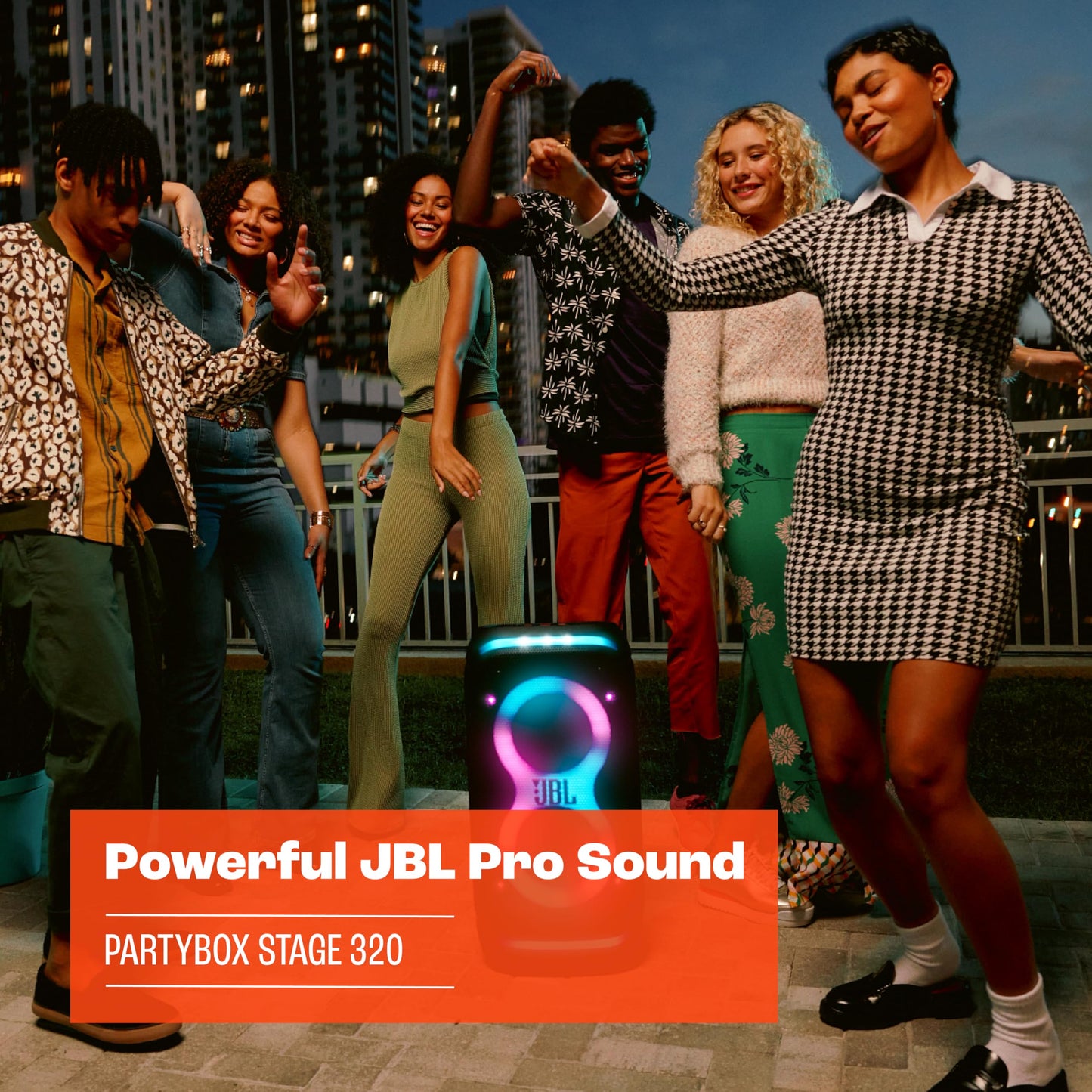 JBL PartyBox Stage 320 - Portable Party Speaker with Telescopic Handle & Wide, Sturdy Wheels, Powerful JBL Pro Sound, Futuristic lightshow, Up to 18 Hours of Play time, Splash Proof (Black)