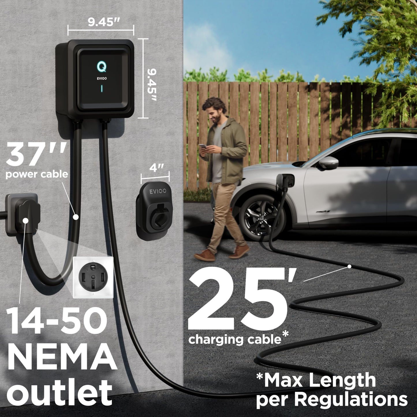 EVIQO Level 2 EV Charger 40 Amp - 9.6 kW 240V Wall Home EV Charger Level 2, NEMA 14-50 Plug, J1772 25' Cable - Enhanced Wi-Fi – UL, ETL Certified EVSE, Smart Electric Vehicle Charging Stations – GEN 2