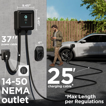 EVIQO Level 2 EV Charger 40 Amp - 9.6 kW 240V Wall Home EV Charger Level 2, NEMA 14-50 Plug, J1772 25' Cable - Enhanced Wi-Fi – UL, ETL Certified EVSE, Smart Electric Vehicle Charging Stations – GEN 2