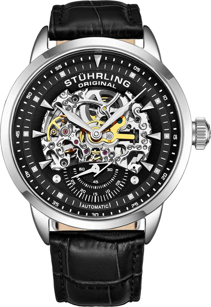 Stuhrling Original Mens Watch-Automatic Skeleton Dial - Black Leather Watch Strap Mechanical Watch Silver Executive (Black)