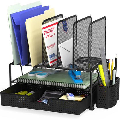 Simple Houseware Mesh Desk Organizer with Sliding Drawer, Double Tray and 5 Upright Sections, Black