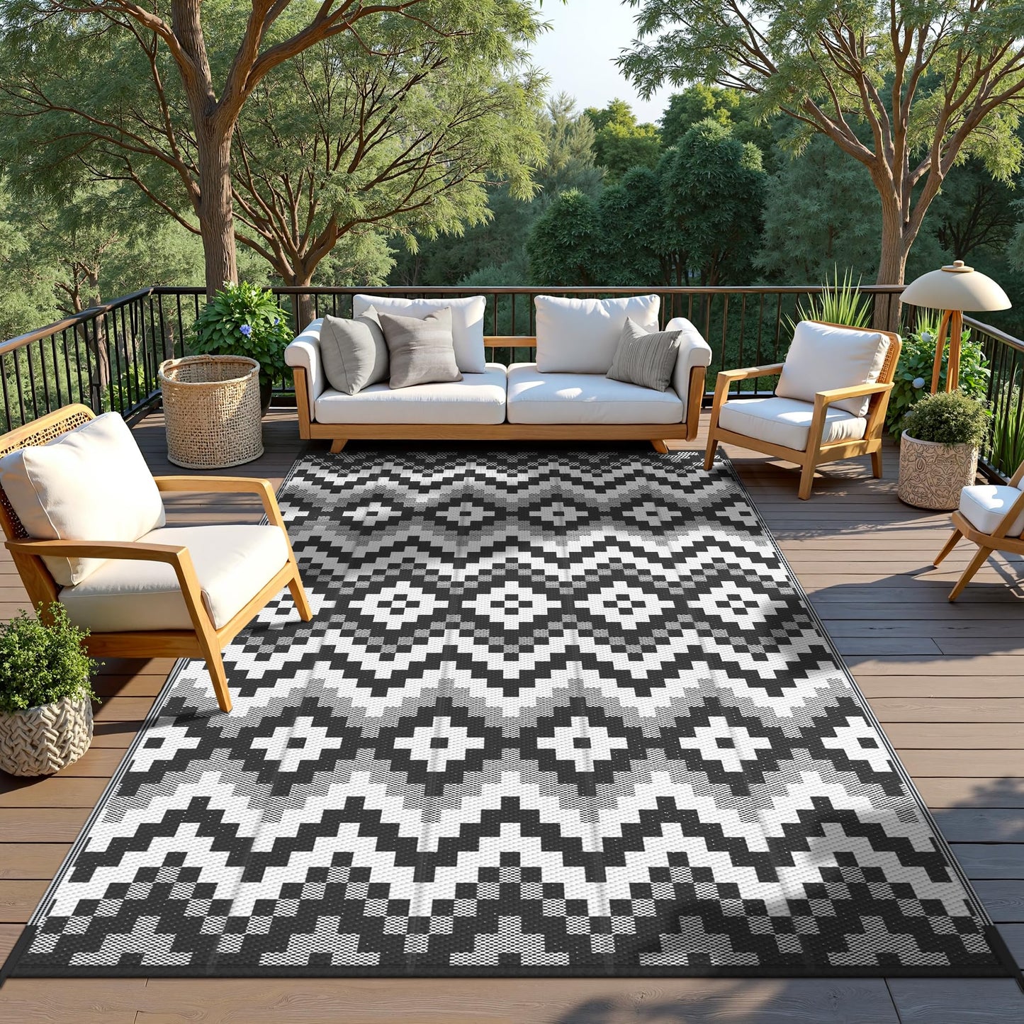 GENIMO Outdoor Rug Waterproof 5x8 ft, Lightweight Plastic Straw Rugs, Outside Reversible Area Mat Carpet for Patio, Camping, RV, Deck, Balcony, Porch, Backyard, Black & White