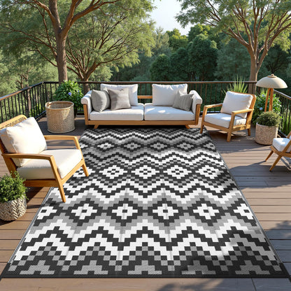 GENIMO Outdoor Rug Waterproof 5x8 ft, Lightweight Plastic Straw Rugs, Outside Reversible Area Mat Carpet for Patio, Camping, RV, Deck, Balcony, Porch, Backyard, Black & White