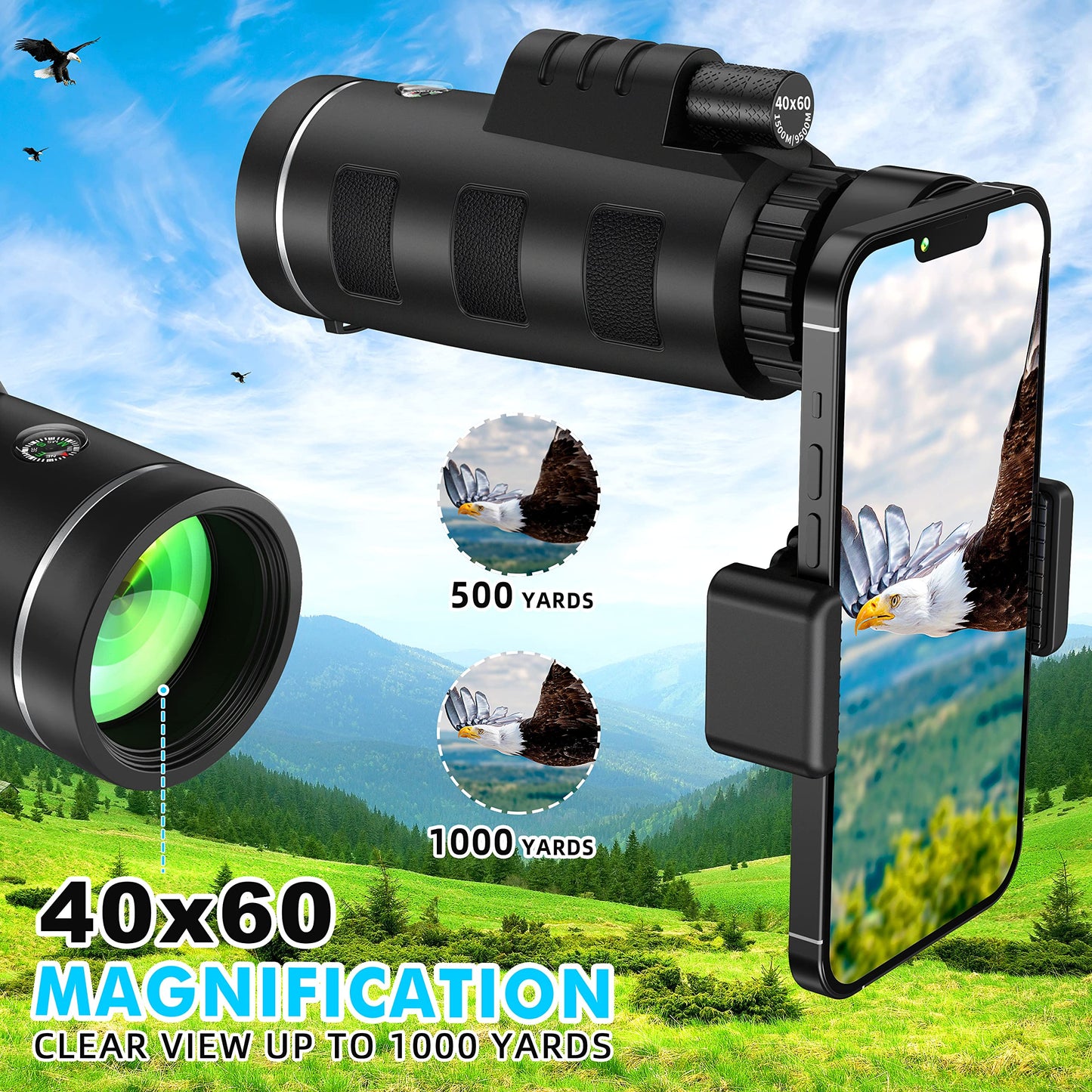 40x60 High Definition Monocular Telescope with Smartphone Adapter, BAK4 Prism FMC Monocular with Clear Low Light Vision for Wildlife Hunting Camping Travelling（LD006-00A-PDQ-2024）