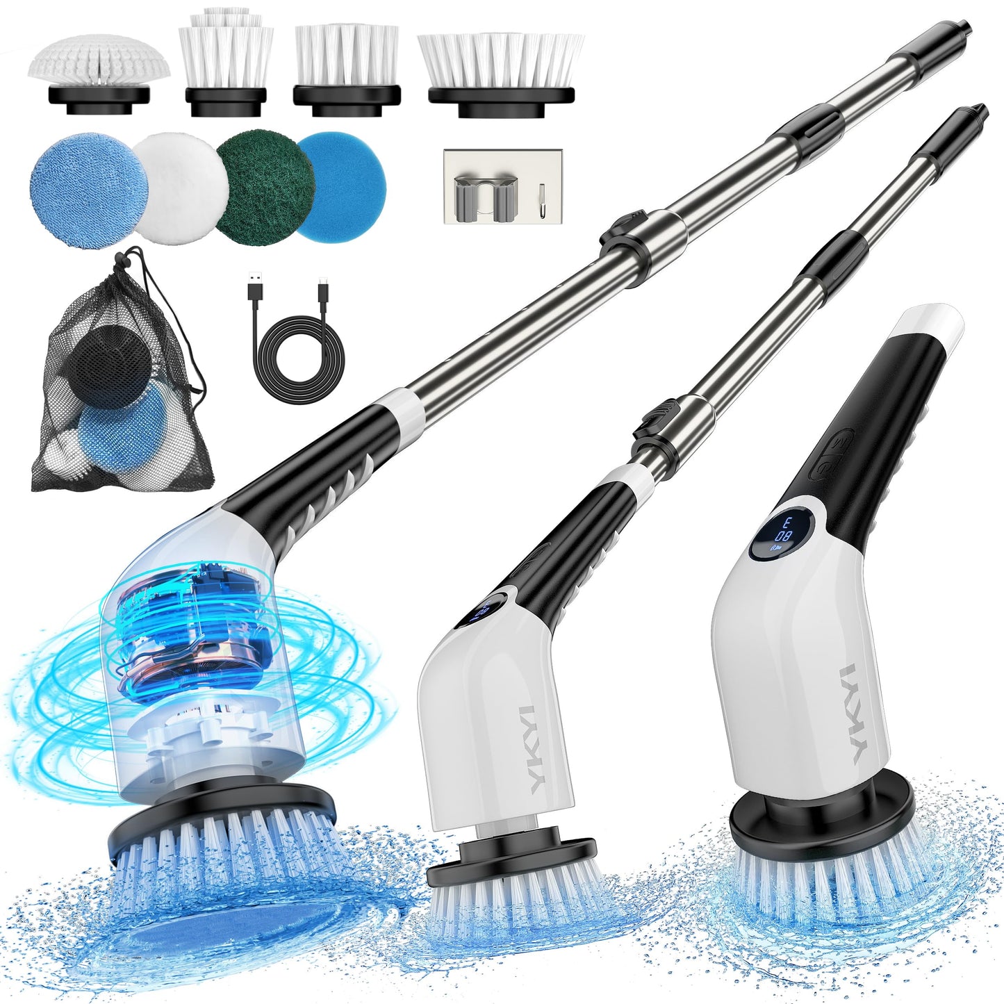 YKYI Electric Spin Scrubber,Cordless Cleaning Brush,Shower Cleaning Brush with 8 Replaceable Brush Heads, Power Scrubber 3 Adjustable Speeds,Adjustable & Detachable Long Handle,Voice Broadcast