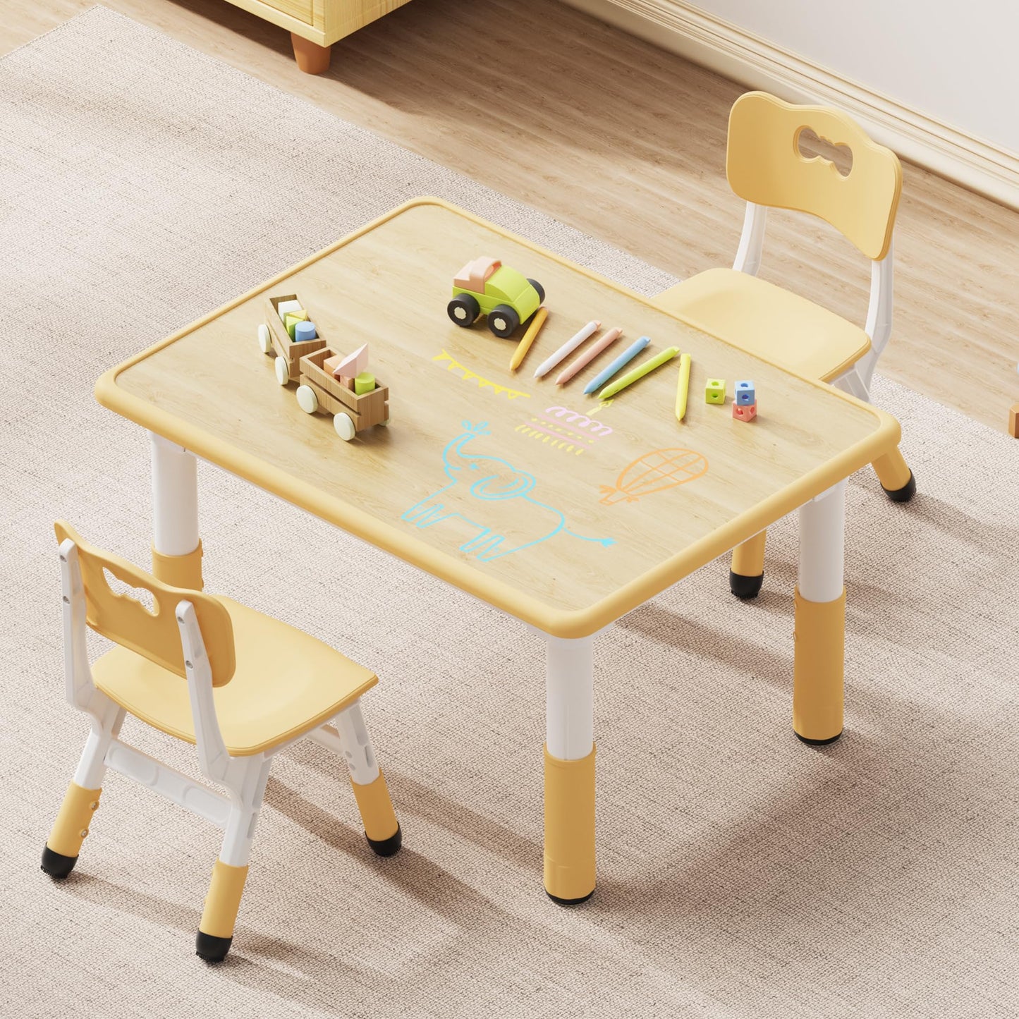 Brelley Kids Table and 2 Chairs Set, Height Adjustable Toddler Desk 31.5" L x 23.6" W and Chair Set, Graffiti Desktop, Classroom/Daycare/Home, Children Multi-Activity Table for Ages 2-8