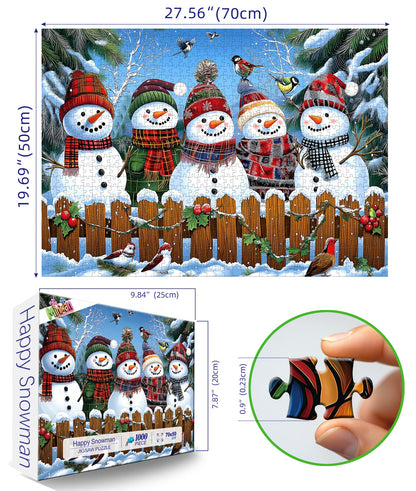 Winter Snowmen Christmas Jigsaw Puzzle 1000 Pieces for Adults Festive Holiday Scene with Birds & Snowy Fence Puzzle with Letters on Back Family Challenge Perfect for Game Night (27.6x19.7 Inch