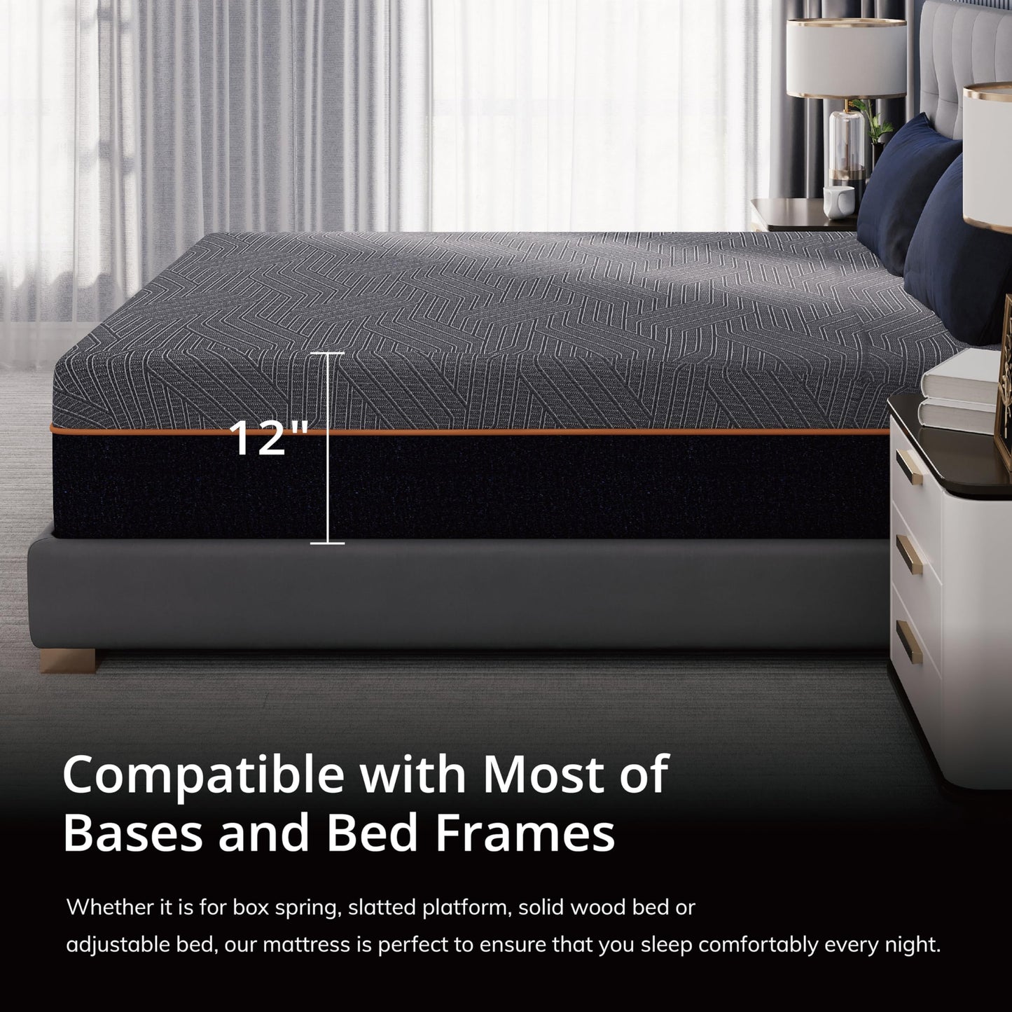 EGOHOME 12 Inch Queen Memory Foam Mattress for Back Pain, Cooling Copper Gel Bed in a Box, Foam Made in USA, CertiPUR-US Certified, Therapeutic Medium Firm, Double 60x80x12 Black