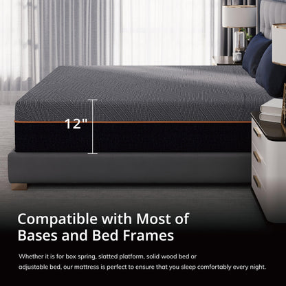 EGOHOME 12 Inch Queen Memory Foam Mattress for Back Pain, Cooling Copper Gel Bed in a Box, Foam Made in USA, CertiPUR-US Certified, Therapeutic Medium Firm, Double 60x80x12 Black