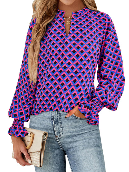 MASCOMODA Womens V Neck Floral Long Sleeve Tops 2024 Summer Casual Loose Puff Sleeve Chiffon Boho Work Blouse Dressy T Shirts(Plaid Blue Pink,X-Large)