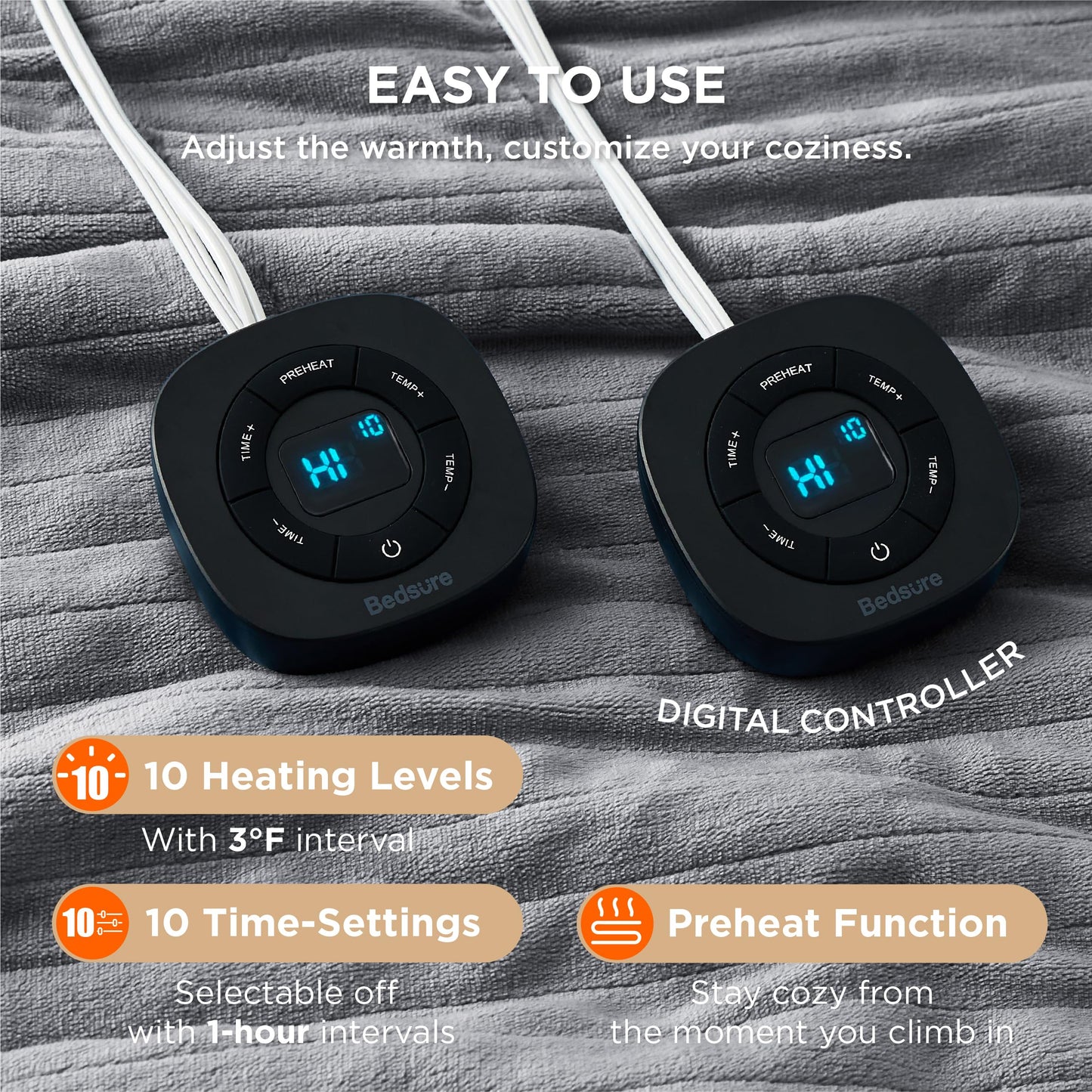 Bedsure Electric Blanket King Size - Dual Control Heated Blanket King Size, Fast Heating with 10 Time Settings & 10 Heat Settings, Warm Gift for Grandma (100x90 inches, Grey)