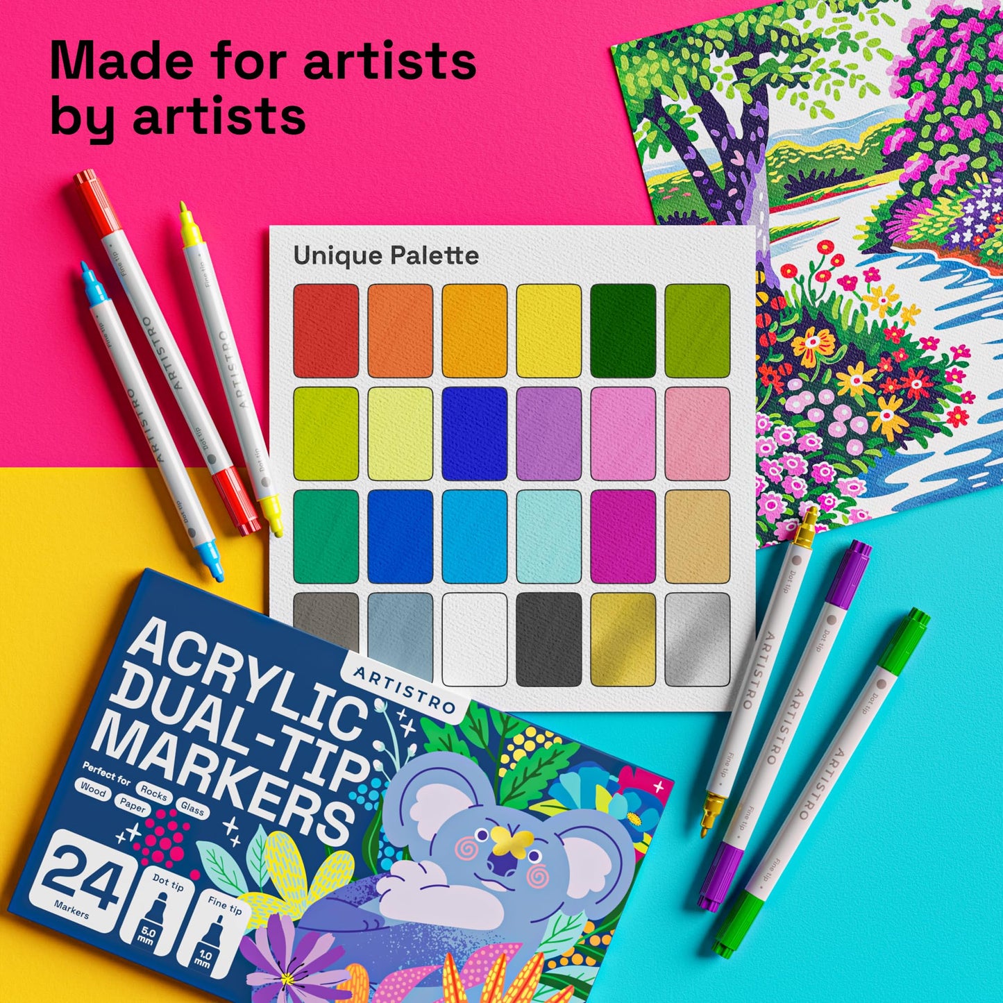 ARTISTRO Vibrant Acrylic Paint Markers for Rock, Fabric, Glass, Wood, Paper, Ceramic, Canvas & More - 24 Dual-Tip Paint Pens (Dot & Fine) - Quick Dry, Teacher Classrooms Must Have, Drawing Markers