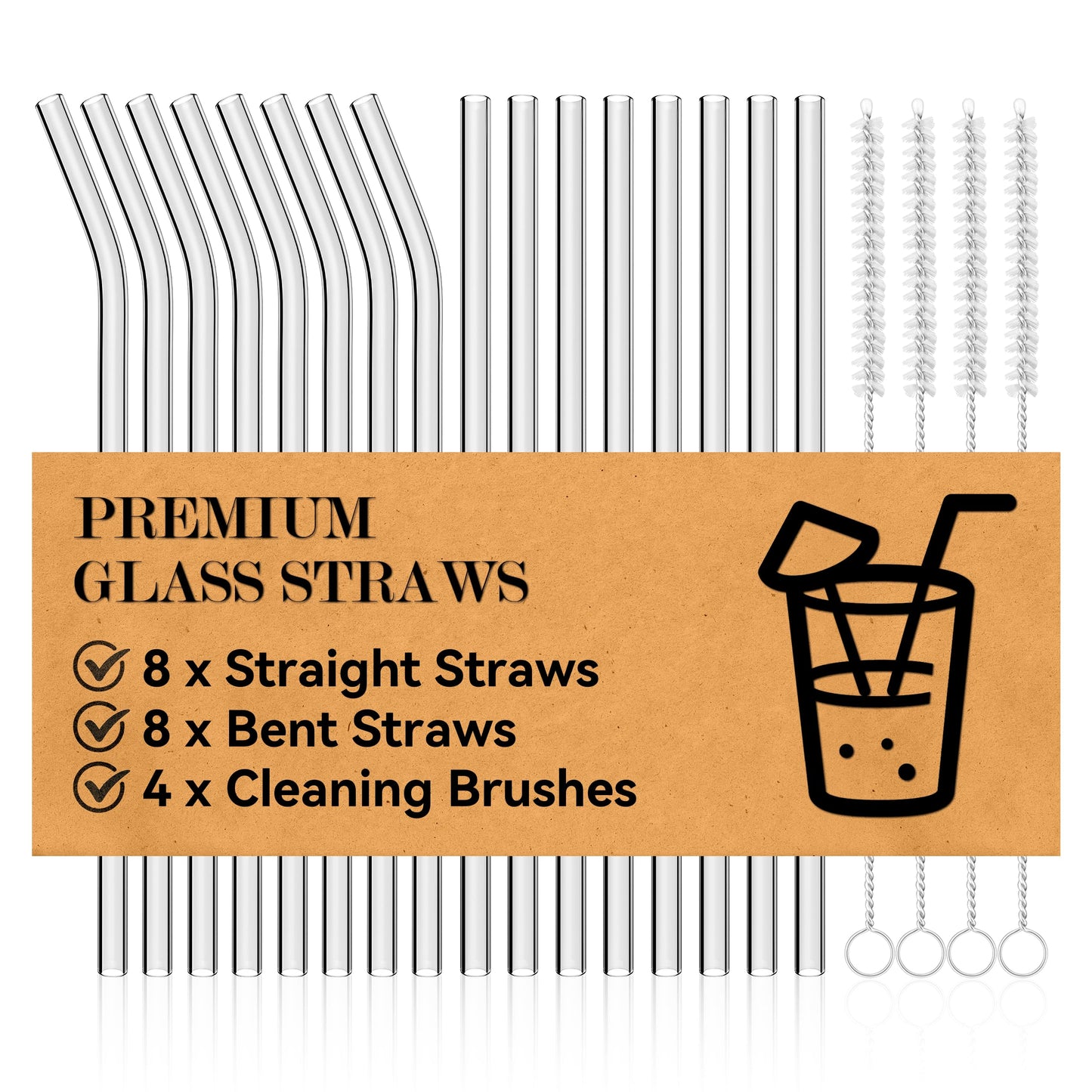 Foogwee® 20 Packs Reusable Glass Straws Set, 8.5'' x 10mm Clear Drinking Straws for Smoothies, Shakes, Coffee, Juice, Sodas, Milk, Tea, Cocktails, Set of 8 Straight and 8 Bent with 4 Cleaning Brushes