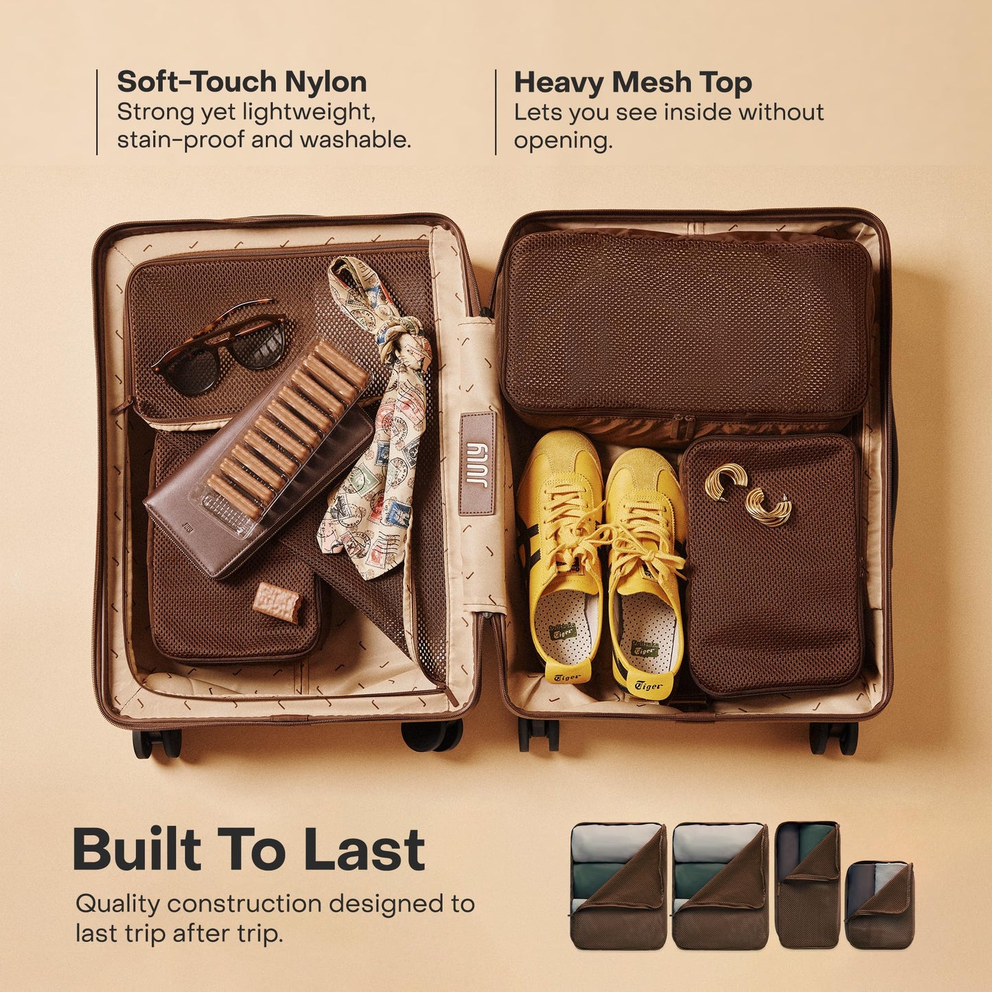 July Packing Cells - 4 Set Packing Cubes Luggage Organizer Bags (S, M, 2 x L), Must-Have Suitcase Organizer for Travel, Road Trip & Camping Accessories, Stain-proof, Washable, 3 Sizes - Dark Brown