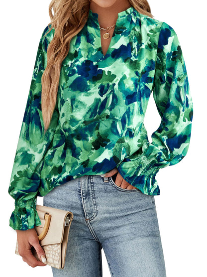 MASCOMODA Womens V Neck Floral Long Sleeve Tops 2024 Summer Casual Loose Puff Sleeve Chiffon Boho Work Blouse Dressy T Shirts(Green Flower,Small)