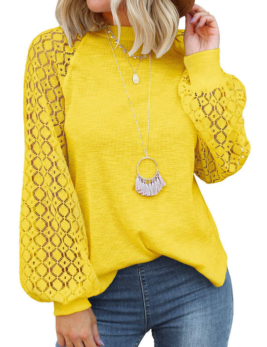 MIHOLL Women’s Long Sleeve Tops Lace Casual Loose Blouses T Shirts (Yellow, Small)