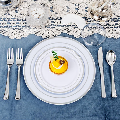 WELLIFE 600 PCS Silver Disposable Dinnerware Set for 100 Guests, Silver Plastic Plates for Party, 100 Each-Dinner & Salad Plates, Cups, Forks Knives Spoons for Wedding and Easter Events
