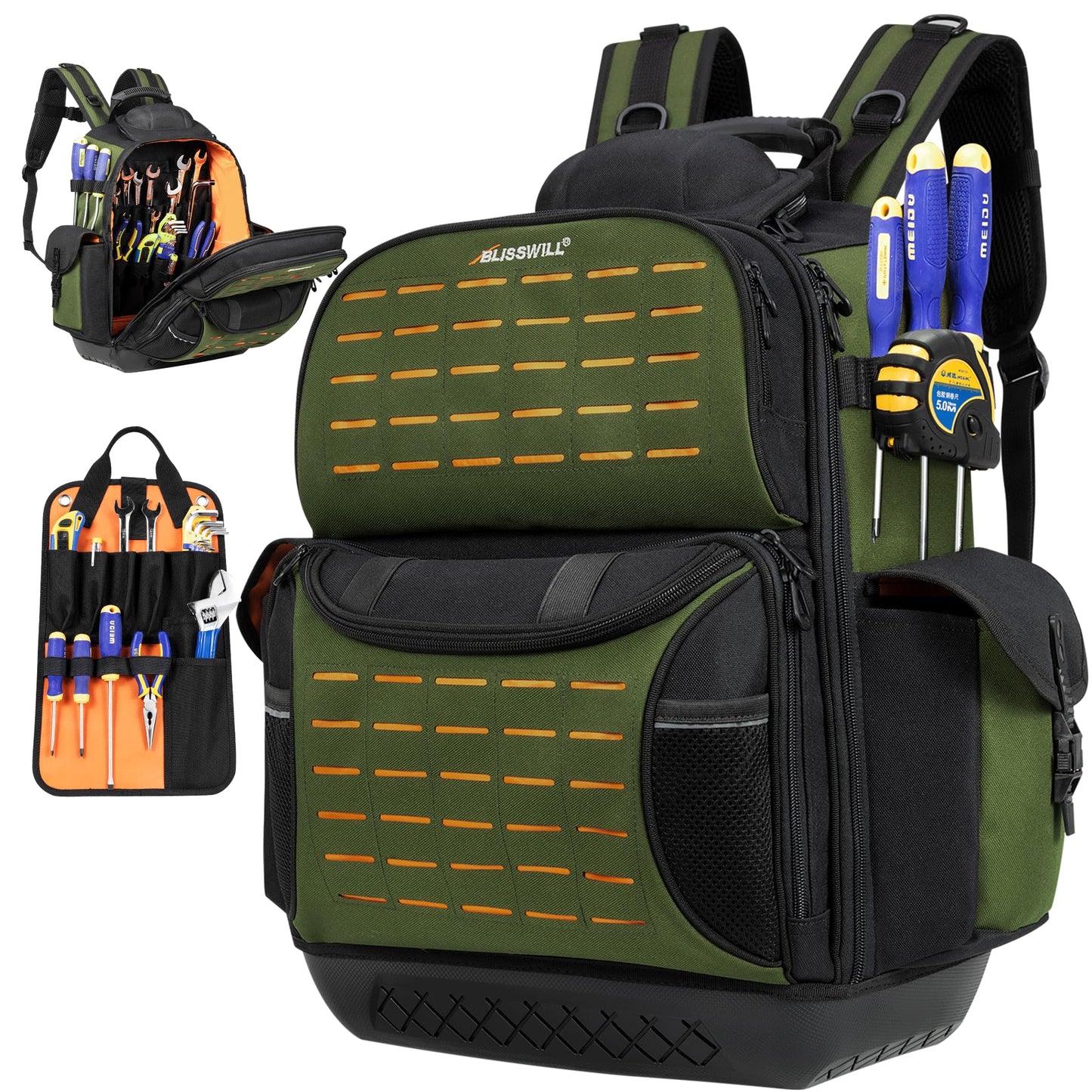 BLISSWILL Tool Bag Backpack for men,Heavy Duty Tool Backpack Bag with Waterproof Molded Base，62 Pockets/40 Loops Heavy Duty Tools Organizer Bags/Electrician/Industrial/Construction Work Backpack