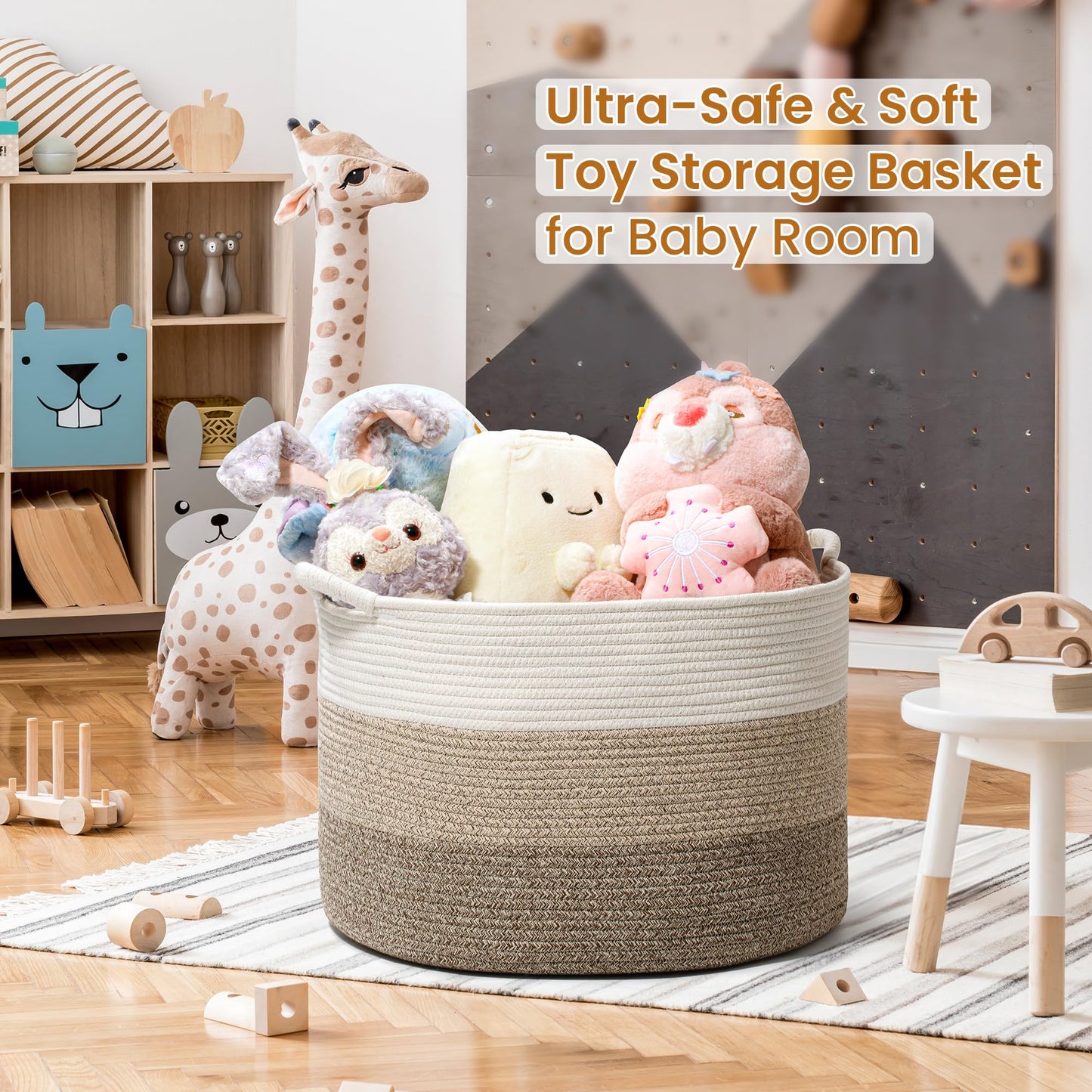 Large Woven Cotton Rope Storage Basket with Handles - Modern Round Laundry Hamper & Blanket Organizer for Nursery, Bedroom, Baby Toys, Pillows, Home Décor, 20"x13"